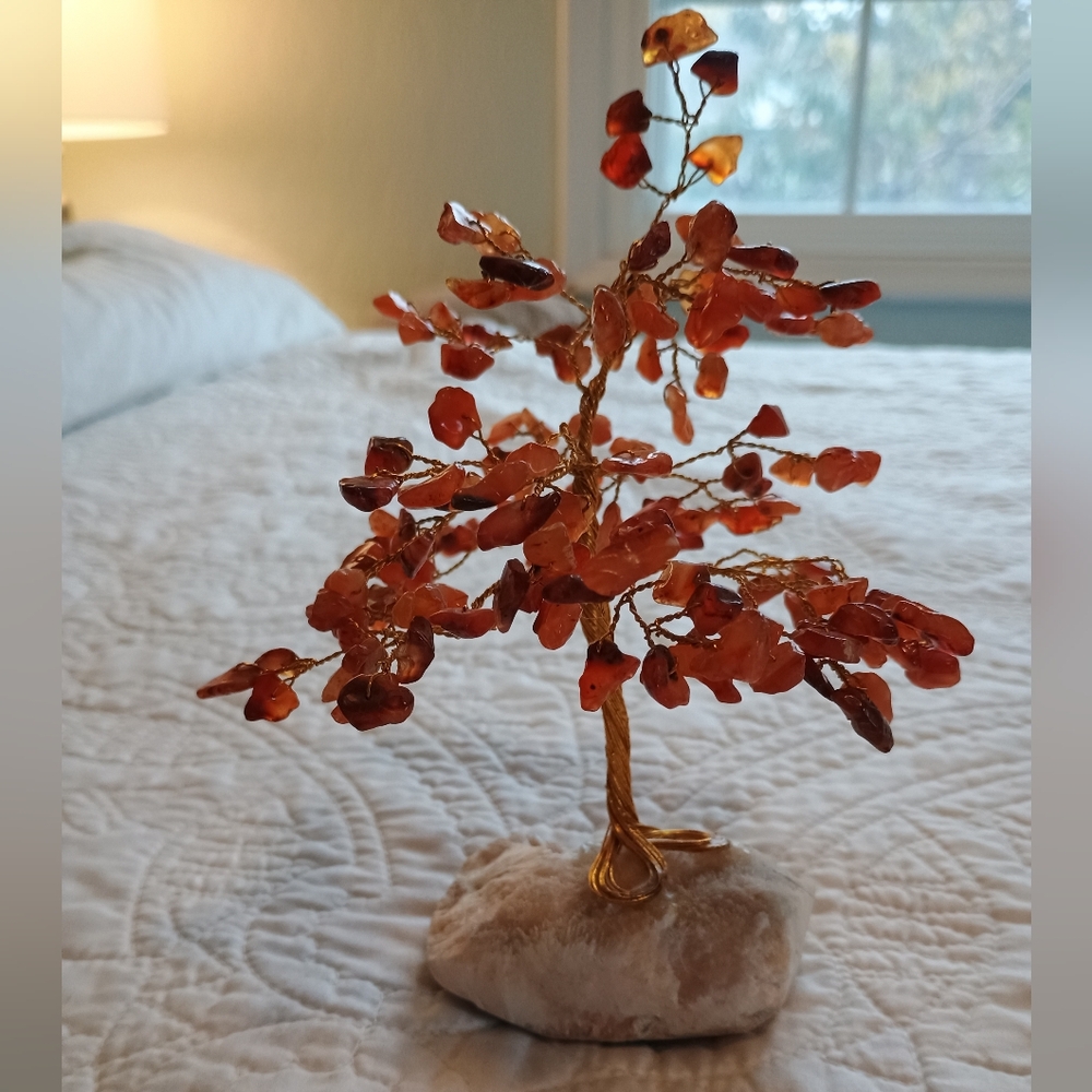 Handmade Polished Carnelian, Copper Wire, Chalcedony Lucky Gem Tree Sculpture
